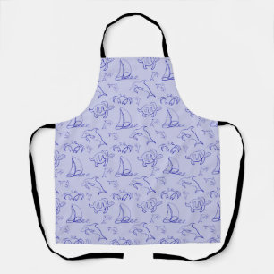 Sea animals and sailboat one line drawing pattern apron