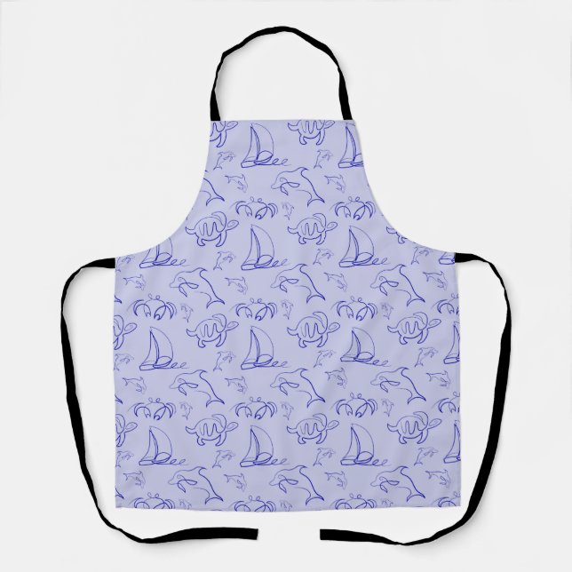 Sea animals and sailboat one line drawing pattern  apron (Front)