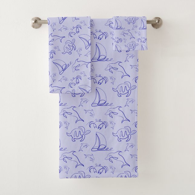 Sea animals and sailboat one line drawing pattern  bath towel set (Insitu)