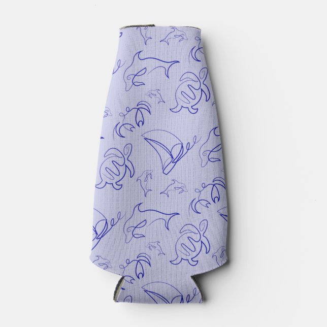 Sea animals and sailboat one line drawing pattern  bottle cooler (Front)