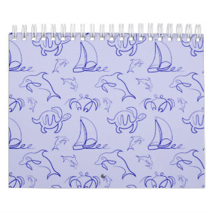 Sea animals and sailboat one line drawing pattern  calendar