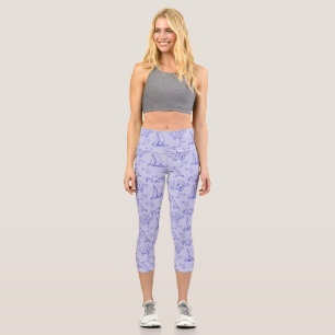Sea animals and sailboat one line drawing pattern capri leggings