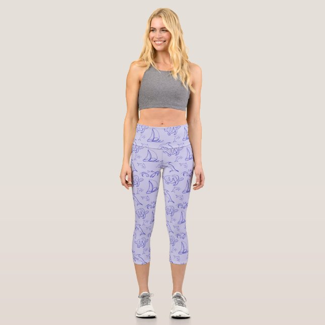 Sea animals and sailboat one line drawing pattern  capri leggings (Front)