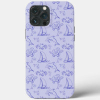 Sea animals and sailboat one line drawing pattern 