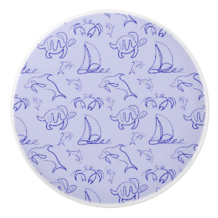 Sea animals and sailboat one line drawing pattern  ceramic knob