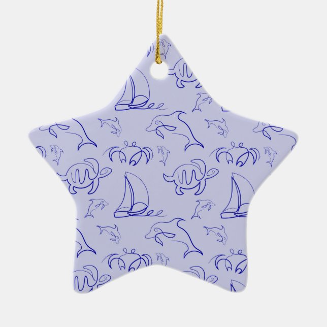 Sea animals and sailboat one line drawing pattern  ceramic tree decoration (Front)