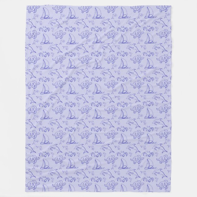 Sea animals and sailboat one line drawing pattern  fleece blanket (Front)