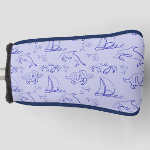 Sea animals and sailboat one line drawing pattern golf head cover