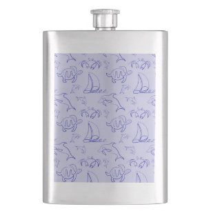 Sea animals and sailboat one line drawing pattern hip flask