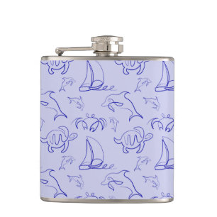 Sea animals and sailboat one line drawing pattern  hip flask