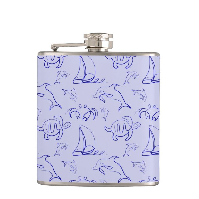 Sea animals and sailboat one line drawing pattern  hip flask (Front)