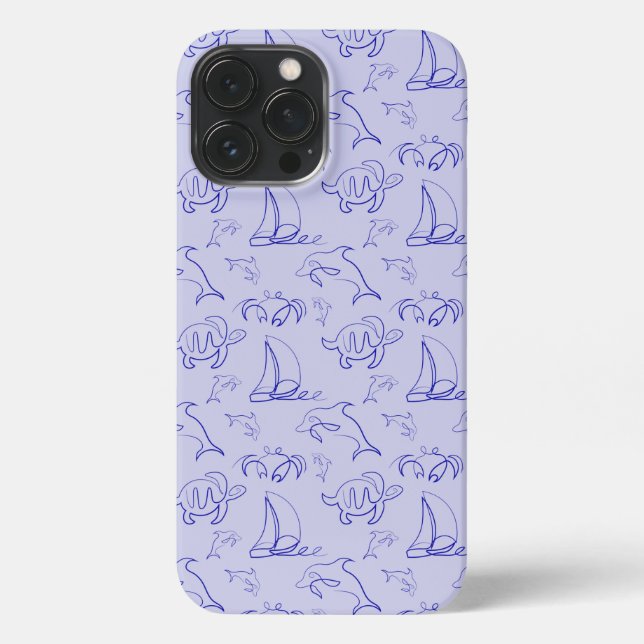 Sea animals and sailboat one line drawing pattern  iPhone case (Back)