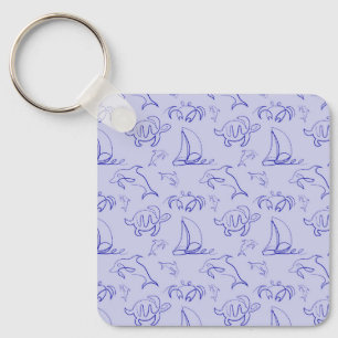 Sea animals and sailboat one line drawing pattern key ring
