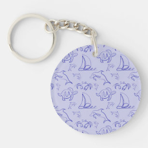 Sea animals and sailboat one line drawing pattern key ring