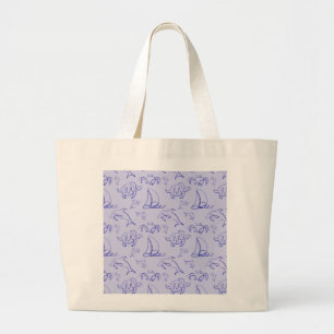 Sea animals and sailboat one line drawing pattern large tote bag