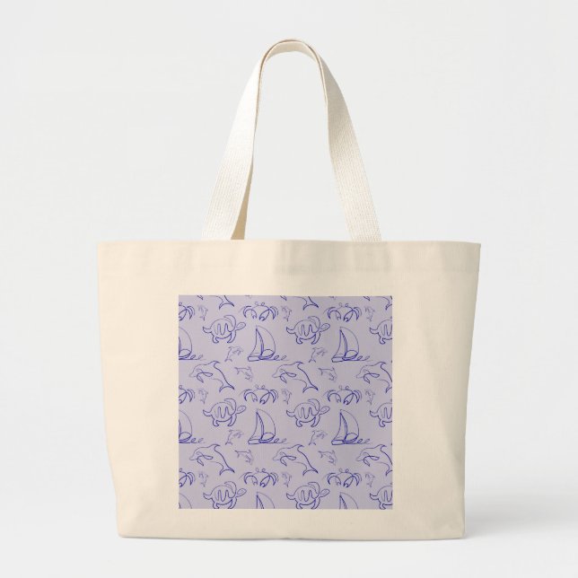 Sea animals and sailboat one line drawing pattern  large tote bag (Front)