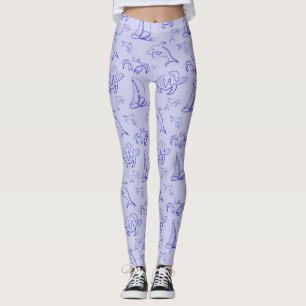 Sea animals and sailboat one line drawing pattern leggings