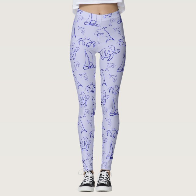 Sea animals and sailboat one line drawing pattern  leggings (Front)
