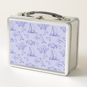 Sea animals and sailboat one line drawing pattern metal lunch box