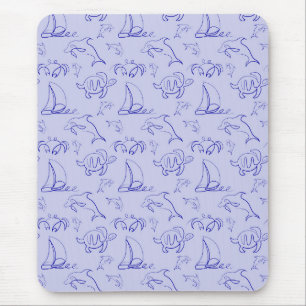 Sea animals and sailboat one line drawing pattern mouse mat