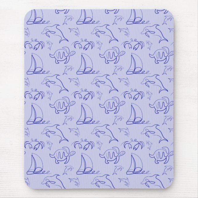Sea animals and sailboat one line drawing pattern  mouse mat (Front)