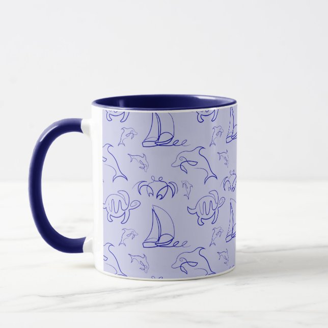 Sea animals and sailboat one line drawing pattern  mug (Left)