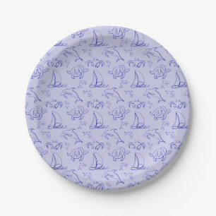 Sea animals and sailboat one line drawing pattern paper plate