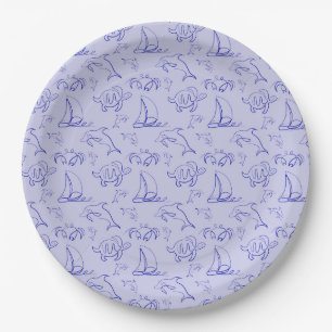 Sea animals and sailboat one line drawing pattern  paper plate