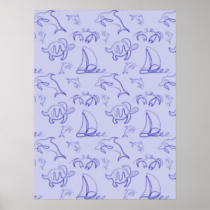 Sea animals and sailboat one line drawing pattern poster