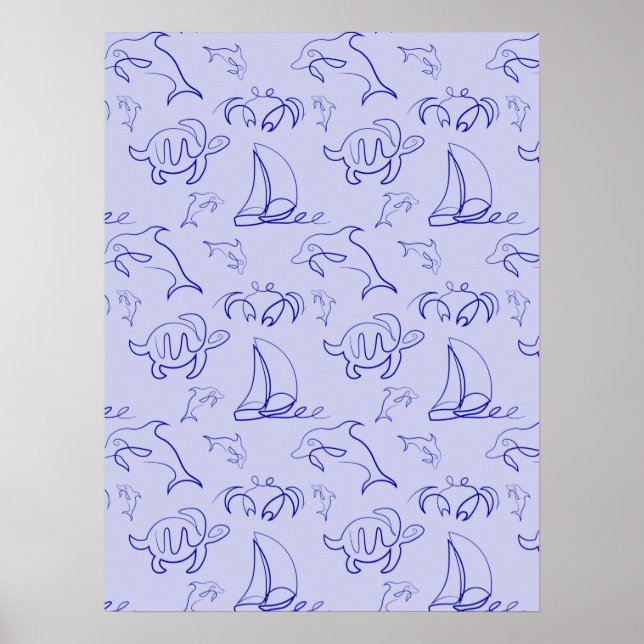 Sea animals and sailboat one line drawing pattern  poster (Front)