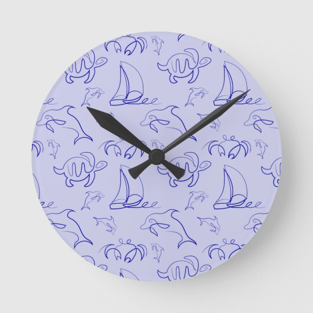 Sea animals and sailboat one line drawing pattern  round clock (Front)