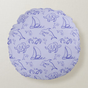 Sea animals and sailboat one line drawing pattern round cushion