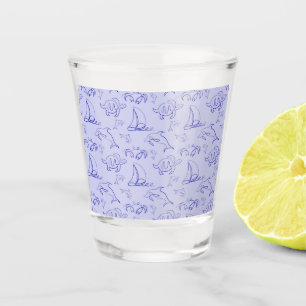 Sea animals and sailboat one line drawing pattern shot glass