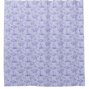 Sea animals and sailboat one line drawing pattern shower curtain