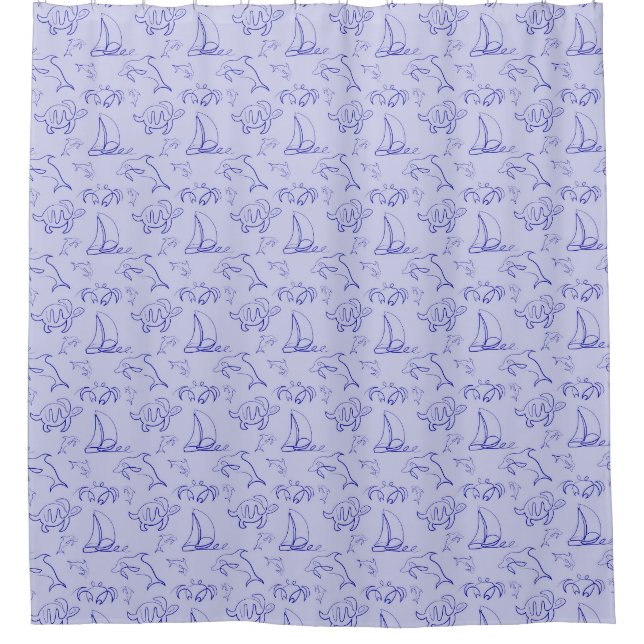 Sea animals and sailboat one line drawing pattern  shower curtain (Front)