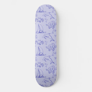 Sea animals and sailboat one line drawing pattern skateboard