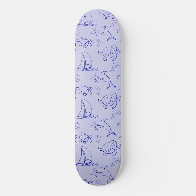 Sea animals and sailboat one line drawing pattern  skateboard (Front)