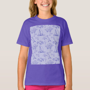 Sea animals and sailboat one line drawing pattern  T-Shirt