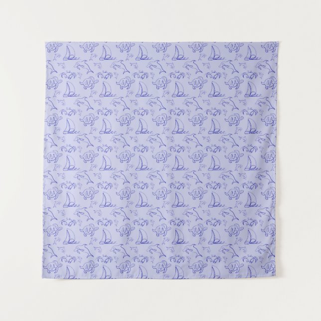 Sea animals and sailboat one line drawing pattern  tapestry (Front)