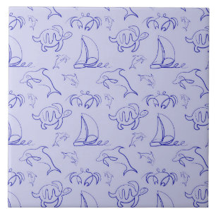 Sea animals and sailboat one line drawing pattern  tile