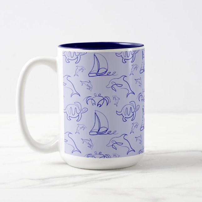 Sea animals and sailboat one line drawing pattern  Two-Tone coffee mug (Left)