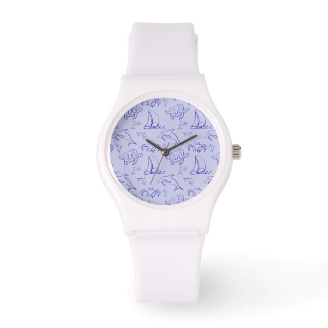 Sea animals and sailboat one line drawing pattern  watch (Front)