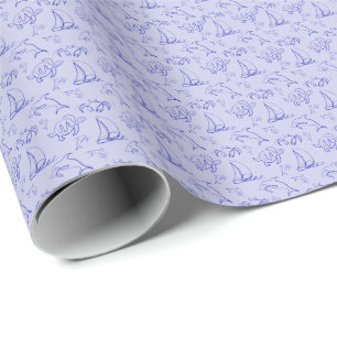 Sea animals and sailboat one line drawing pattern wrapping paper