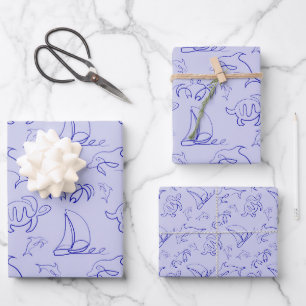 Sea animals and sailboat one line drawing pattern wrapping paper sheet