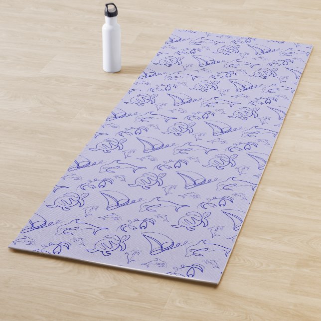 Sea animals and sailboat one line drawing pattern  yoga mat (In Situ)