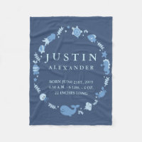 Sea Animals Birth Announcement Fleece Baby Blanket