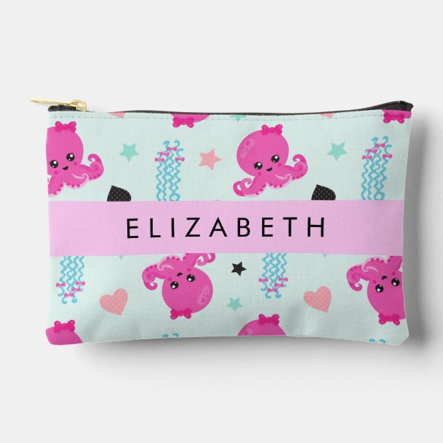 Sea Animals, Octopus, Jellyfish, Hearts, Your Name Accessory Pouch (Front)