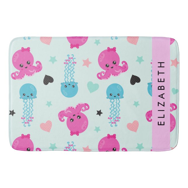 Sea Animals, Octopus, Jellyfish, Hearts, Your Name Bath Mat (Front)