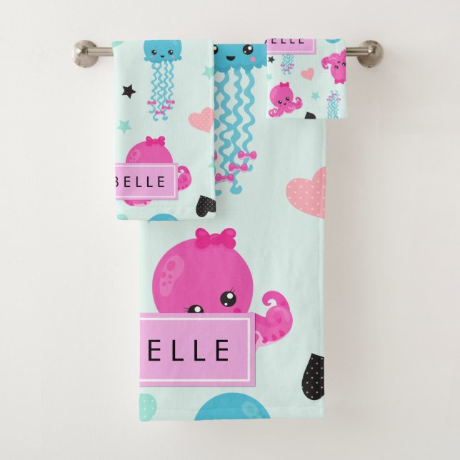 Sea Animals, Octopus, Jellyfish, Hearts, Your Name Bath Towel Set (Insitu)