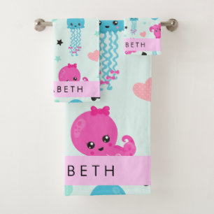 Sea Animals, Octopus, Jellyfish, Hearts, Your Name Bath Towel Set
